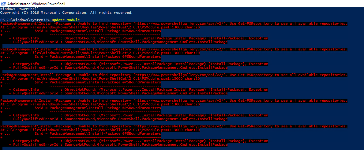 Konsola PowerShell pokazujaca blad Install-Package informujacy, ze nie mozna znalezc repozytorium