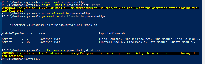 Polecenia PowerShell wyrejestrowujace i ponownie rejestrujace PSGallery, aby naprawic Install-Package