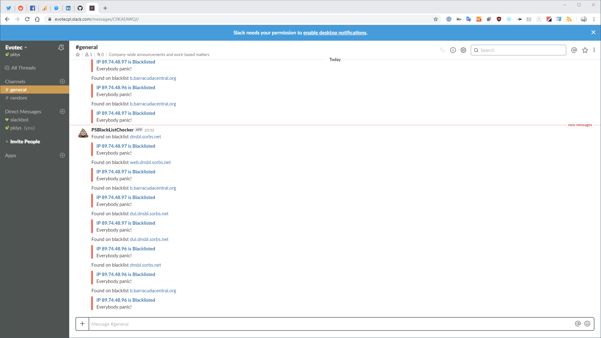 Slack notification from PSBlackListChecker showing a blacklisted IP alert with action links
