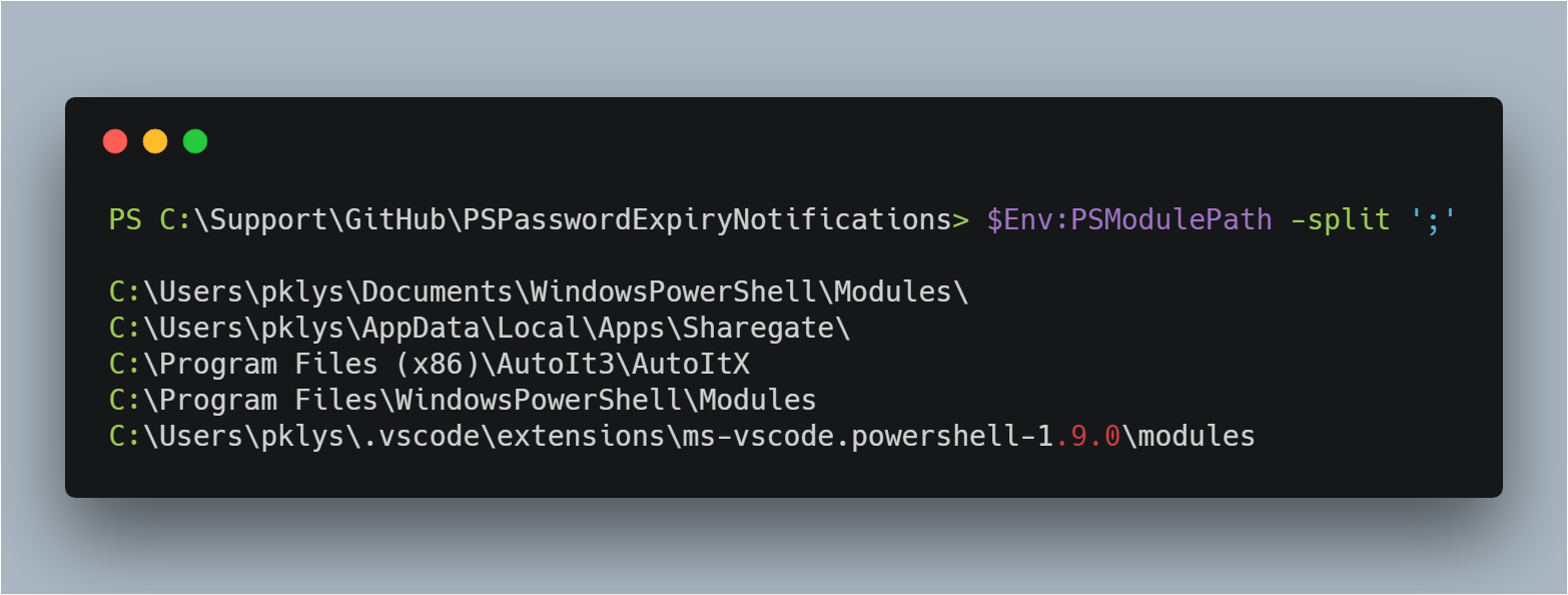 Wynik PowerShell pokazujący brakujący wpis PSModulePath