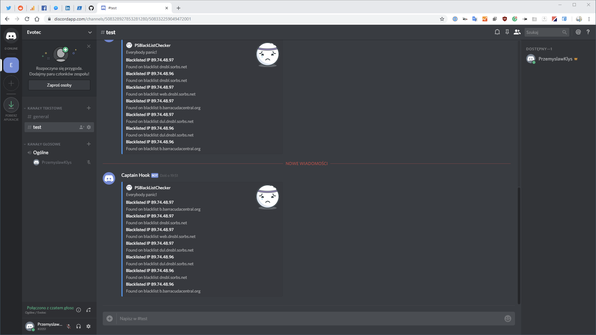 Discord notification from PSBlackListChecker showing a blacklisted IP alert