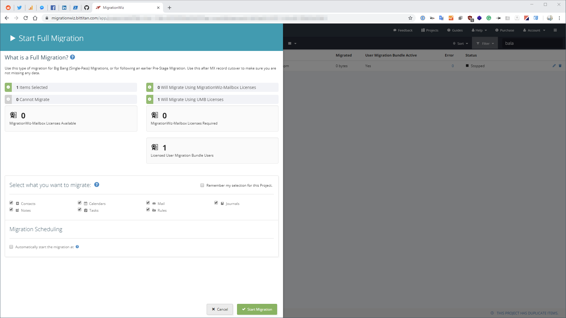 MigrationWiz Start Full Migration screen showing selected user, migration licenses, and Start Migration button