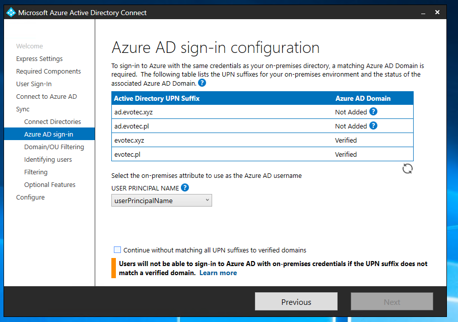 Konfiguracja logowania Azure AD Connect z polem UserPrincipalName wybranym jako nazwa użytkownika Azure AD