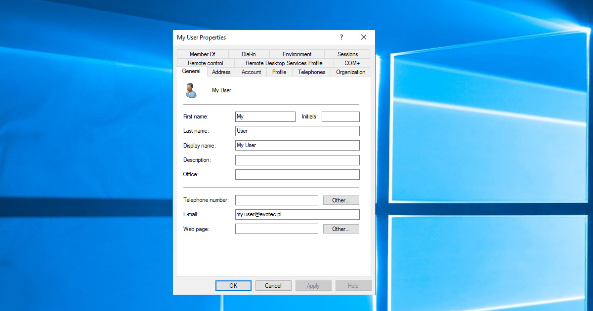 Właściwości użytkownika w Active Directory z uzupełnionym adresem email przed uruchomieniem synchronizacji delta