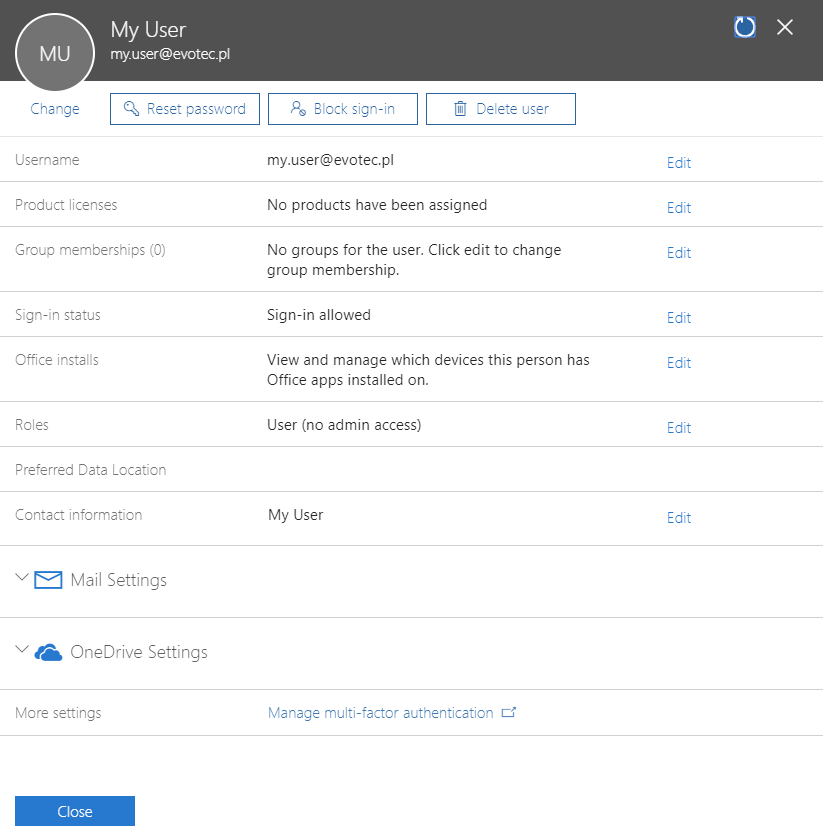 Konto użytkownika w Azure po synchronizacji delta z nazwą logowania zgodną z polem Mail