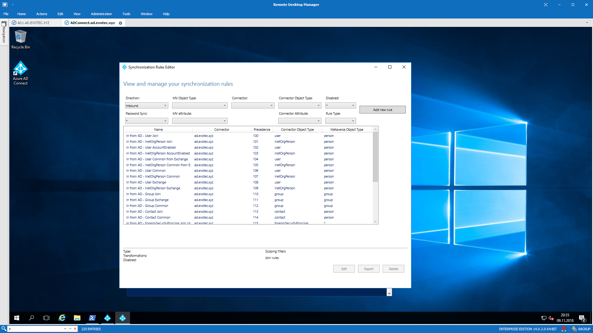 Edytor reguł synchronizacji pokazujący listę reguł przychodzących i wychodzących w Azure AD Connect