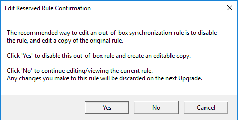 Komunikat Azure AD Connect z pytaniem czy edytować wbudowaną regułę czy utworzyć jej klon