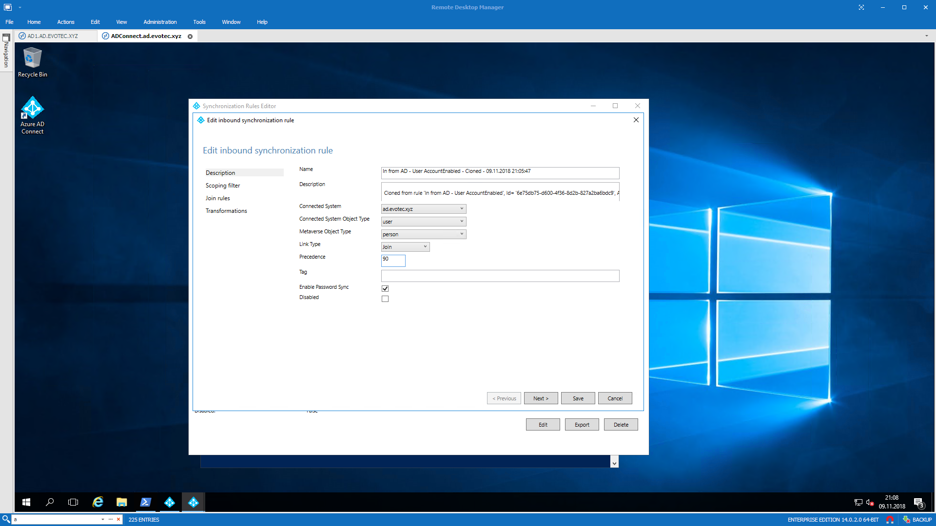 Okno edycji przychodzącej reguły synchronizacji z własną nazwą opisem i priorytetem poniżej 100