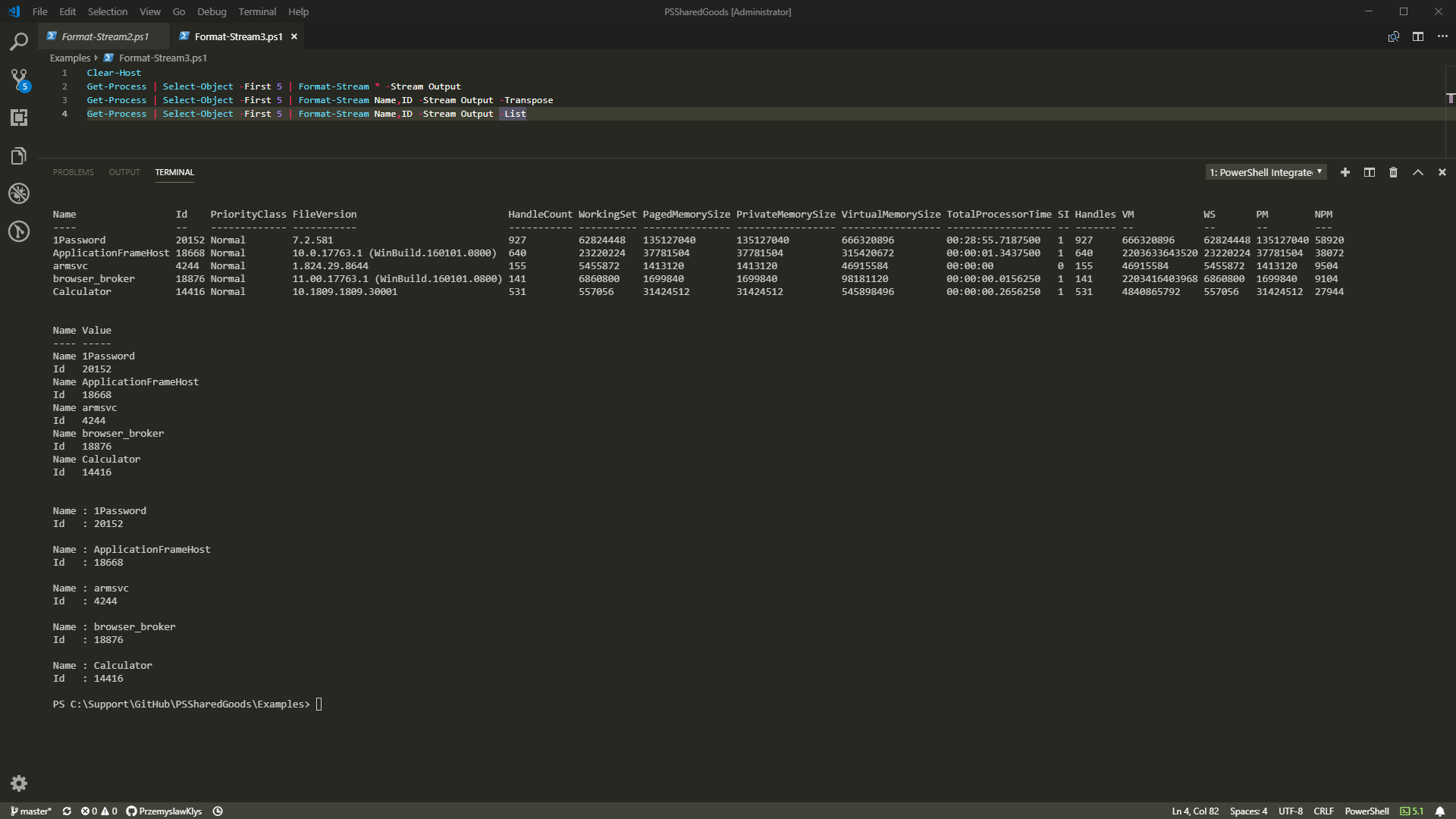 Przykład Format-Stream w Visual Studio Code pokazujący dane procesów wyrenderowane w strumieniu Output w formie tabeli, par nazwa-wartość i listy.