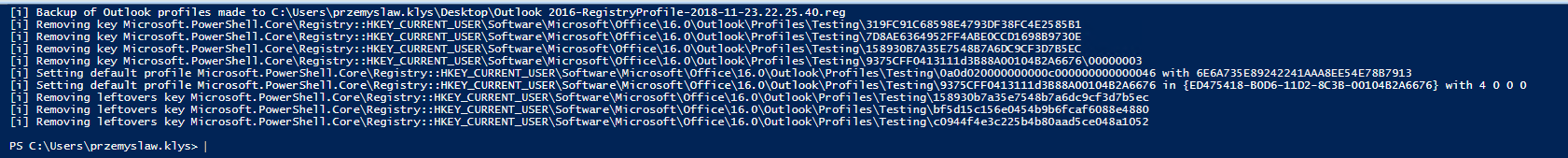 Podgląd wyniku PowerShell dla ustawienia jednego konta Outlook jako głównego i usunięcia drugiego