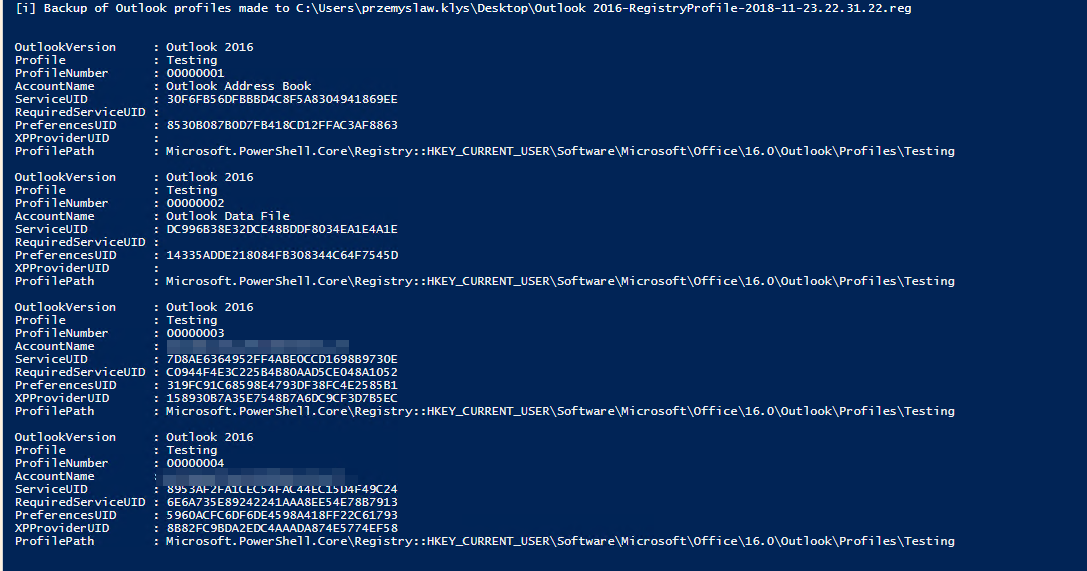 Wynik debugowania PowerShell pokazujący wykryte profile i konta Outlook