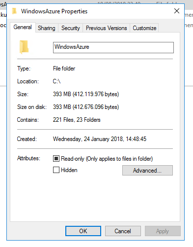 Właściwości folderu WindowsAzure w Eksploratorze pokazujące tylko około 393 MB