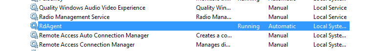 Usługi systemu Windows z podświetloną usługą RdAgent
