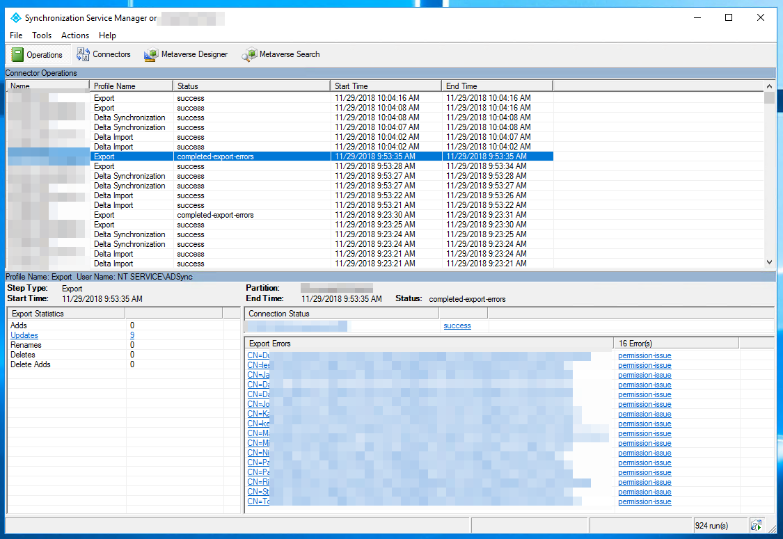 Raport synchronizacji Azure AD Connect pokazujacy bledy export z wpisami permission-issue