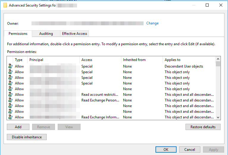 Zaawansowane ustawienia zabezpieczen podkreslajace dziedziczenie i wpisy uprawnien dla konta synchronizacji Azure