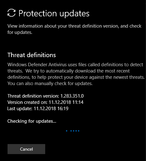 Ekran definicji Windows Defender pokazujacy zainstalowana wersje sygnatur