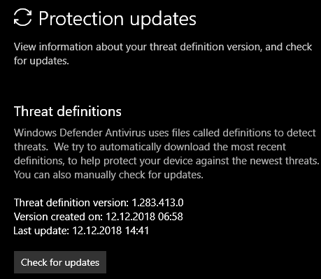 Przycisk Windows Defender uzyty do pobrania nowych definicji wirusow