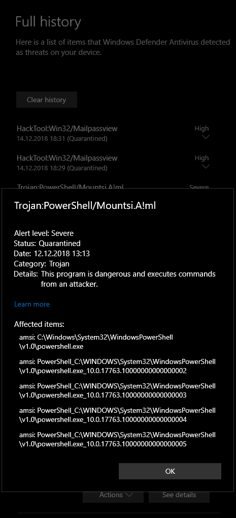 Historia ochrony Windows Defender pokazujaca AMSI blokujace modul PowerShell