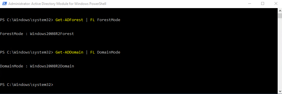 PowerShell output showing Active Directory forest mode and domain mode