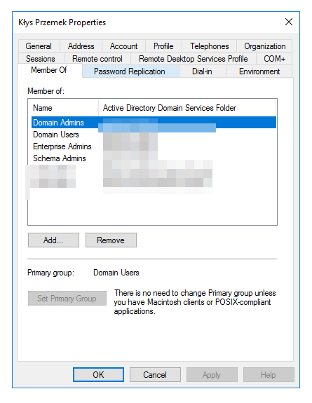 User account group memberships in Active Directory