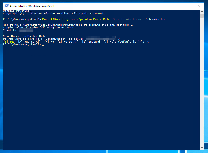 PowerShell successfully moving the Schema Master FSMO role after the group change