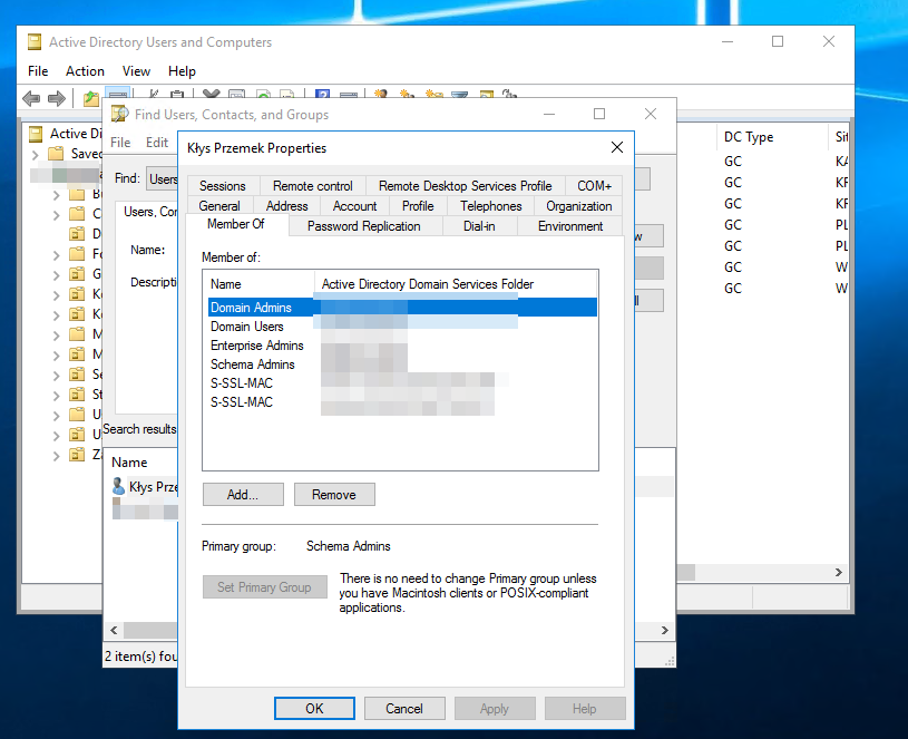 Primary group changed to Schema Admins in Active Directory Users and Computers