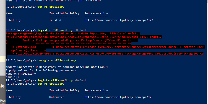 Przyklad rejestracji repozytorium pokazujacy brak koncowego ukosnika po ponownym dodaniu PSGallery