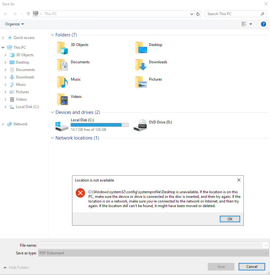 Okno Save As w Windows Server 2019 wskazujace sciezke pulpitu C:\\Windows\\system32\\config\\systemprofile\\Desktop