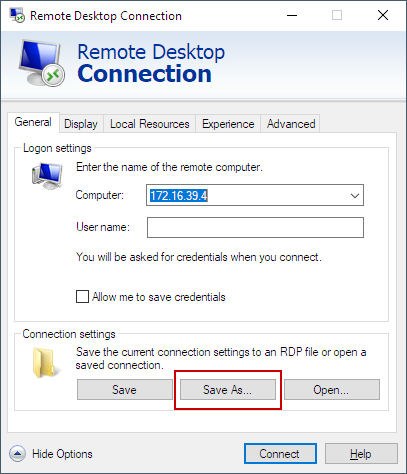 Okno Remote Desktop Connection pokazujace opcje Save As do zapisania pliku RDP
