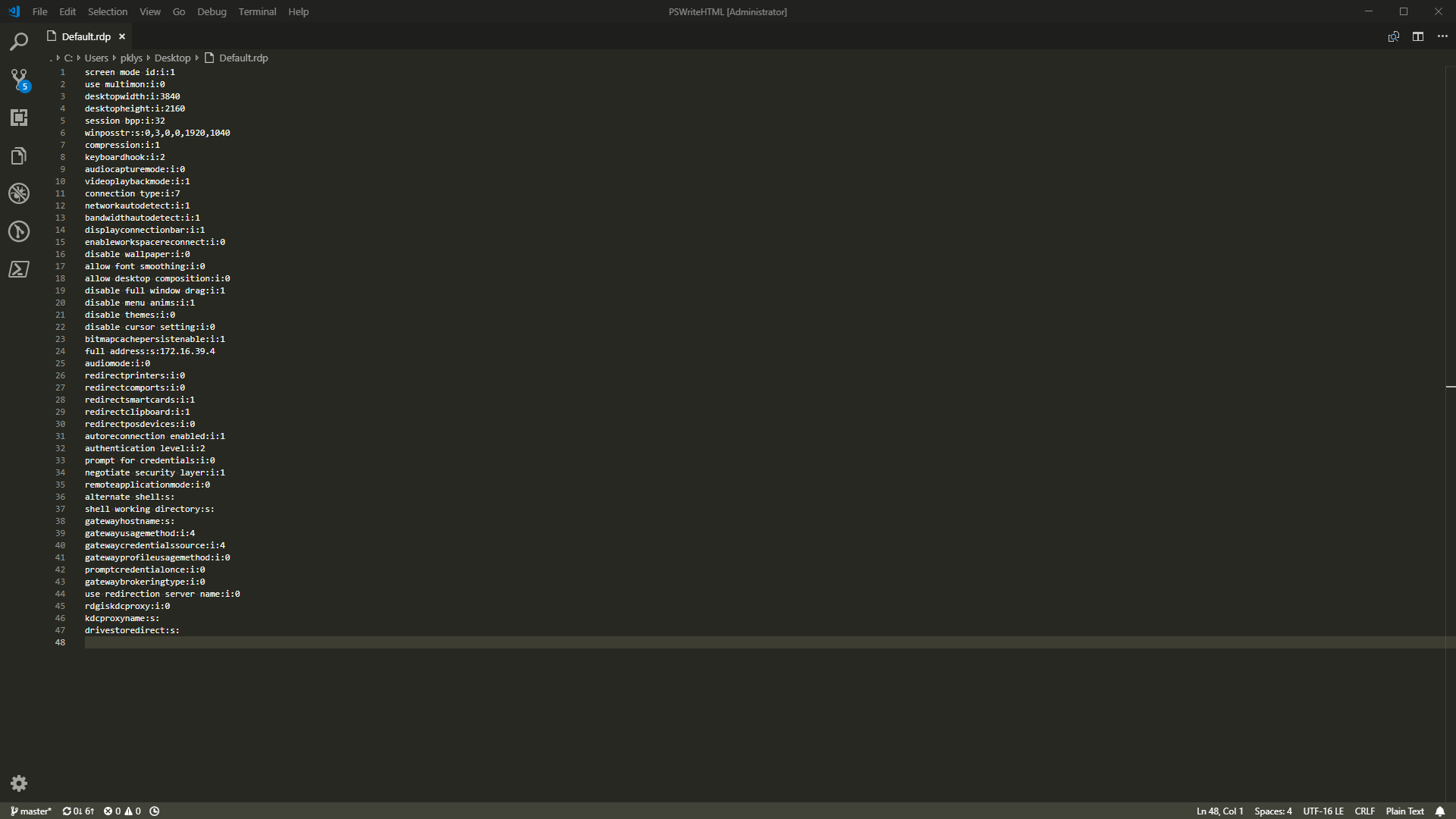 Zawartosc zapisanego pliku RDP otwartego w edytorze tekstu przed dodaniem wpisu resetowania hasla