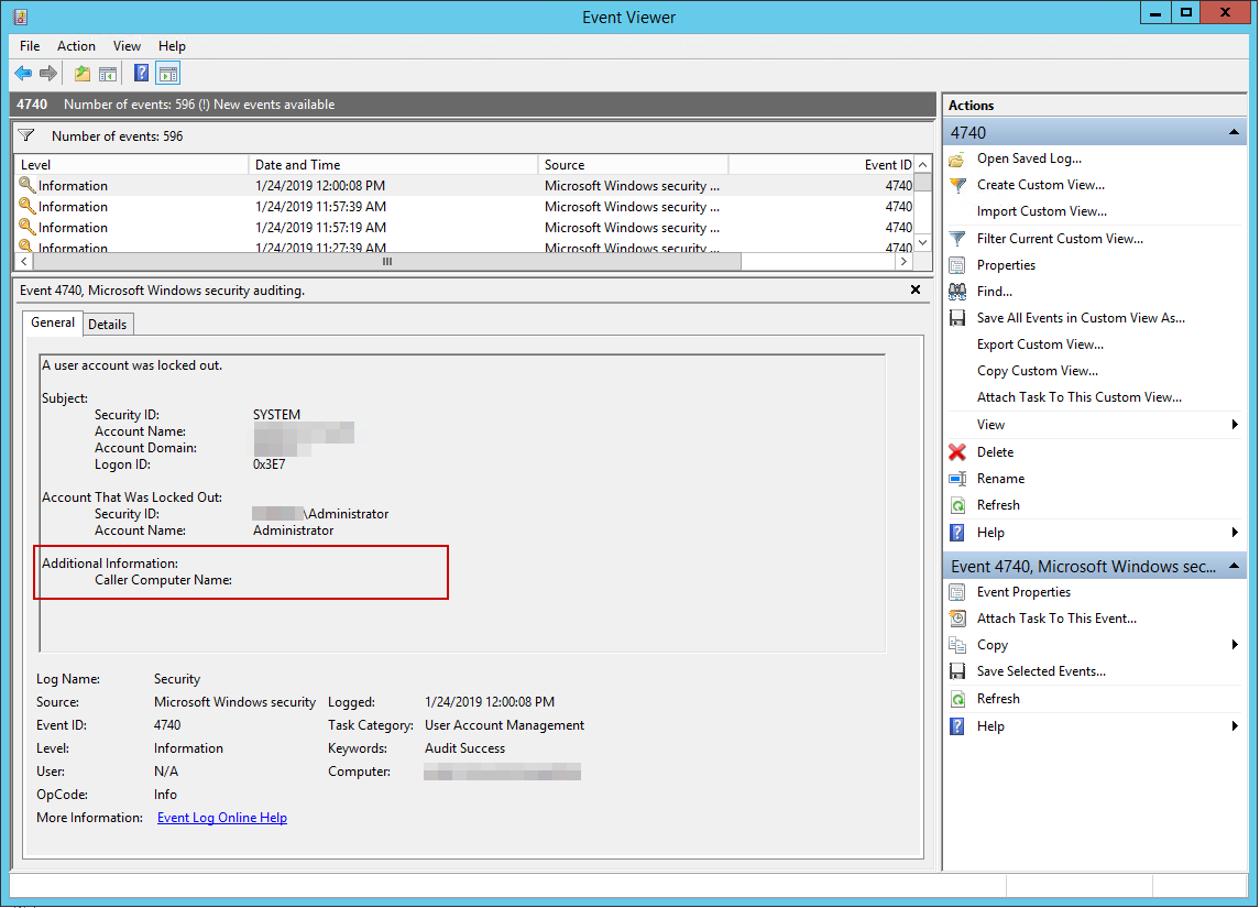 Event Viewer displaying the lockout event details for the affected Active Directory account