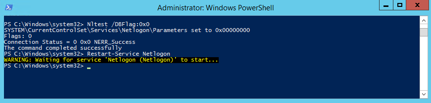 Command output disabling NetLogon debug logging after the lockout investigation is complete