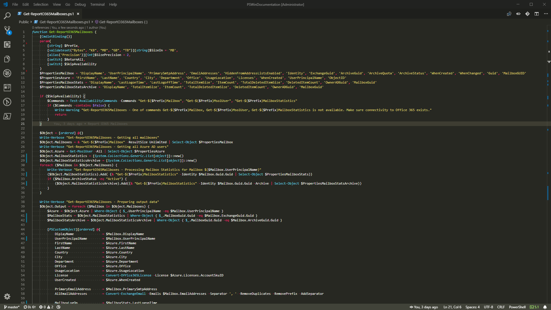 Kod PowerShell funkcji Get-ReportO365Mailboxes w Visual Studio Code służącej do budowania raportu skrzynek Office 365.