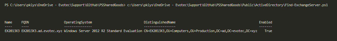 Tabela wynikow PowerShell z Find-ExchangeServer pokazujaca serwery Exchange odnalezione w Active Directory.