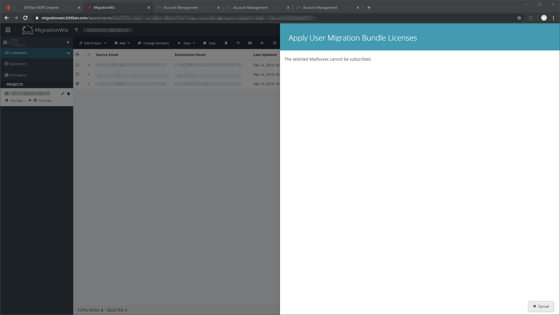 MigrationWiz subscription dialog showing the error "The selected Mailboxes cannot be subscribed"