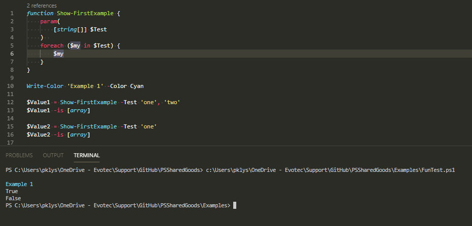 Okno PowerShell pokazujace ze Show-FirstExample zwraca tablice dla dwoch wartosci i pojedynczy ciag dla jednej.