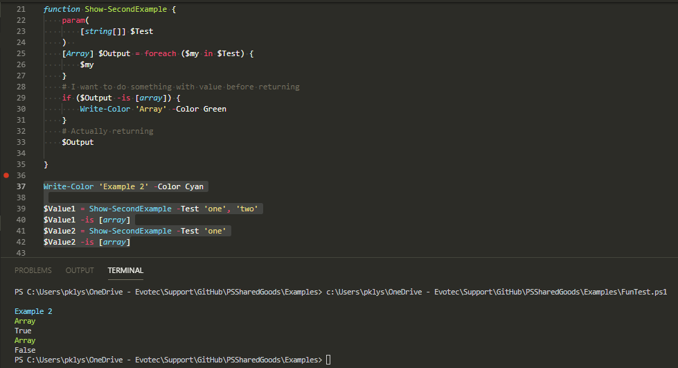 Okno PowerShell pokazujace ze Show-SecondExample raportuje tablice wewnatrz funkcji, ale po zwrocie wyniki dla jednego i dwoch wejsc sa rozne.