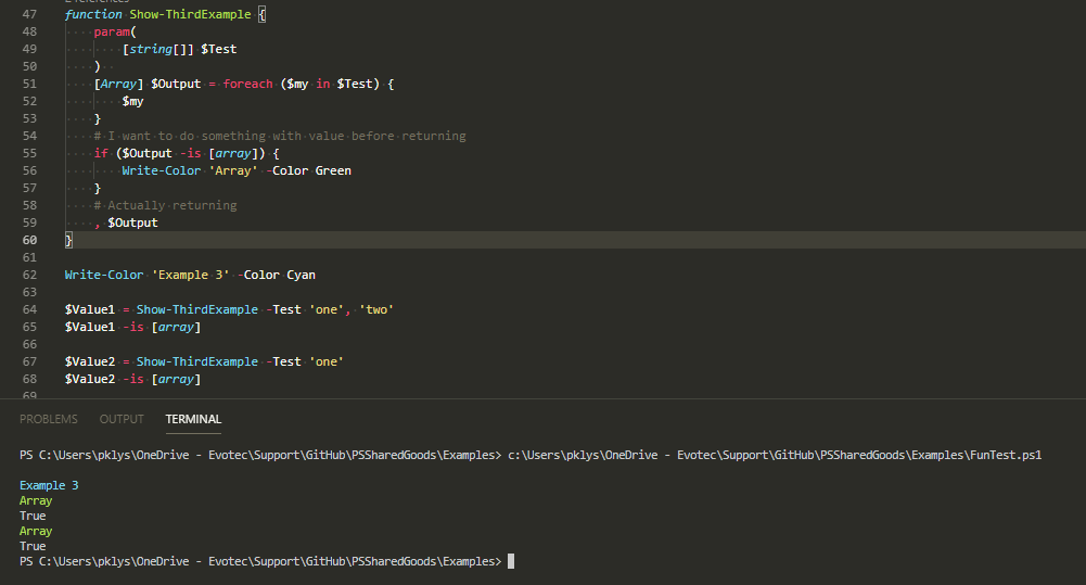 Okno PowerShell pokazujace ze przecinek przed wynikiem zachowuje typ tablicy w Show-ThirdExample.