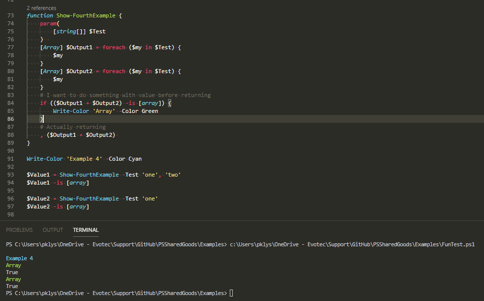 Okno PowerShell pokazujace ze Show-FourthExample laczy dwie tablice i nadal zwraca tablice.
