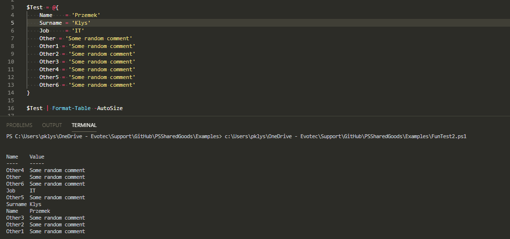Wynik Format-Table pokazujacy ze zwykly hashtable nie zachowuje kolejnosci pol.