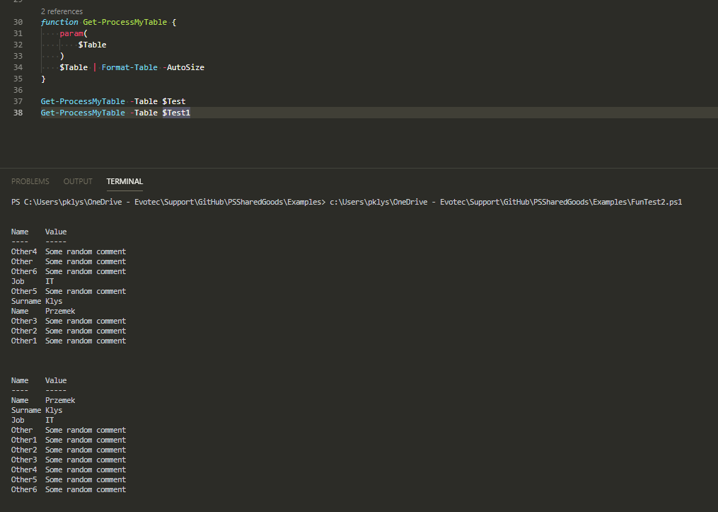 Okno PowerShell pokazujace formatowanie zwyklego hashtable i OrderedDictionary w funkcji Get-ProcessMyTable.