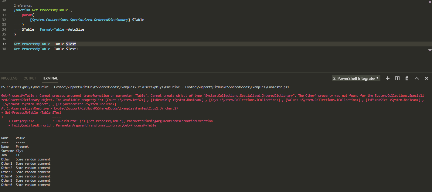 Blad PowerShell pokazujacy ze parametr OrderedDictionary nie przyjmuje zwyklego hashtable.