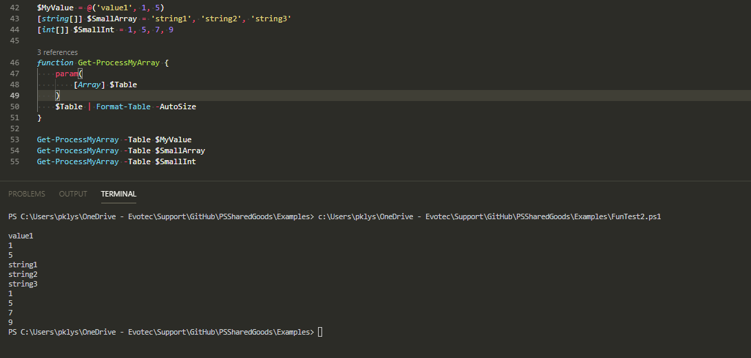 Okno PowerShell pokazujace ze parametr Array przyjmuje mieszane tablice, tablice stringow i tablice intow bez bledow konwersji.