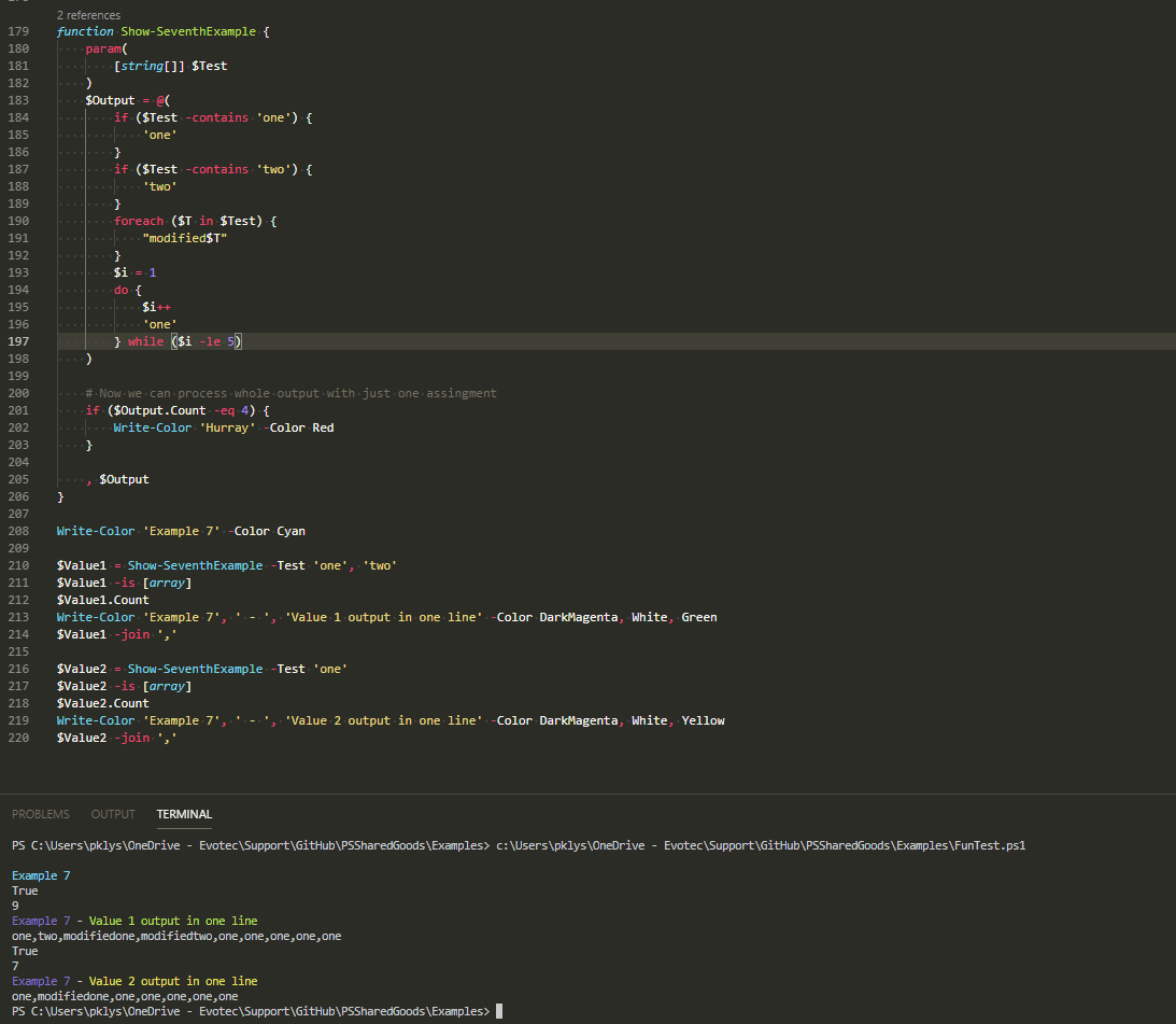 Okno PowerShell pokazujace ze Show-SeventhExample wypisuje polaczona tablice, zlicza elementy i laczy je w jeden wiersz.