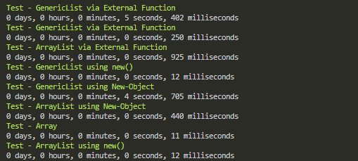 Wynik benchmarku PowerShell porownujacy tworzenie obiektow dla Array, GenericList i ArrayList.