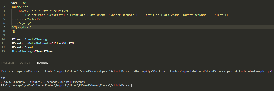 Przykład FilterXML w VS Code oraz wynik Get-WinEvent pokazujący 131 dopasowanych zdarzeń w około pięć sekund.