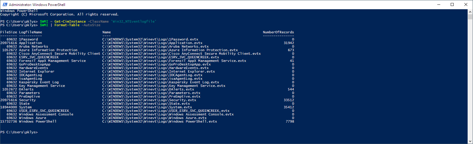 Get-CimInstance -ClassName 'Win32_NTEventlogfile'