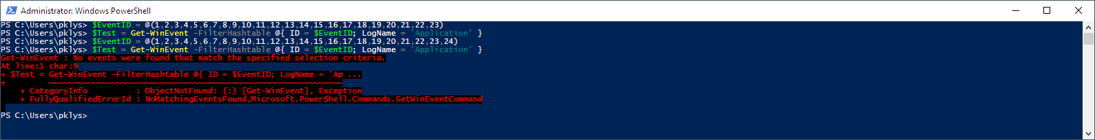 Błąd Get-WinEvent informujący, że nie znaleziono zdarzeń dla zbyt dużej listy Event ID w pojedynczym zapytaniu.