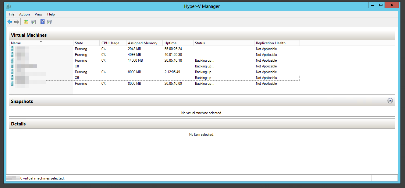Hyper-V Manager showing virtual machines stuck in the Backing up state