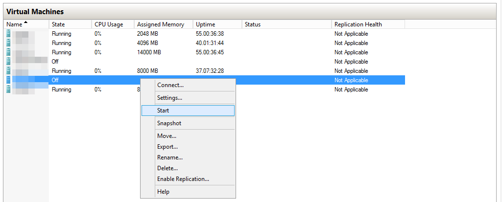Hyper-V Manager after the service restart with the virtual machine actions restored